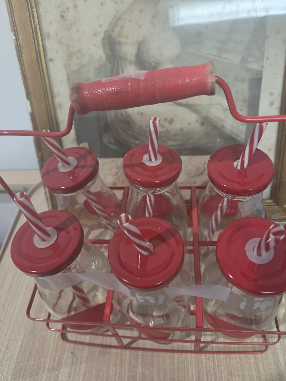 PIER 1 VINTAGE JULY 4TH Set of 6 Glasses with Red Striped Straws and Carrier